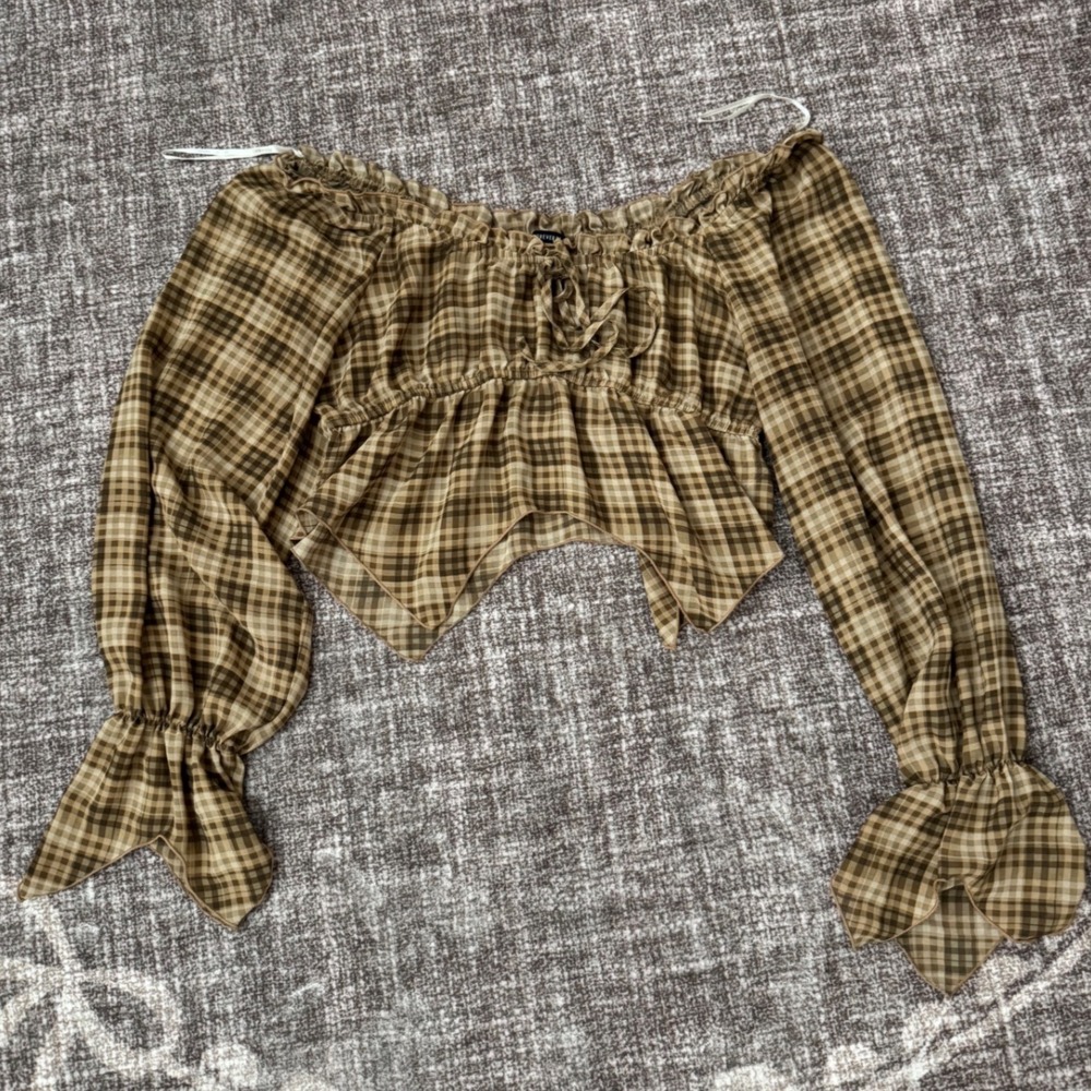 Forever 21 Brown Plaid Off Shoulder Crop Top Y2K Handkerchief Hem Medium